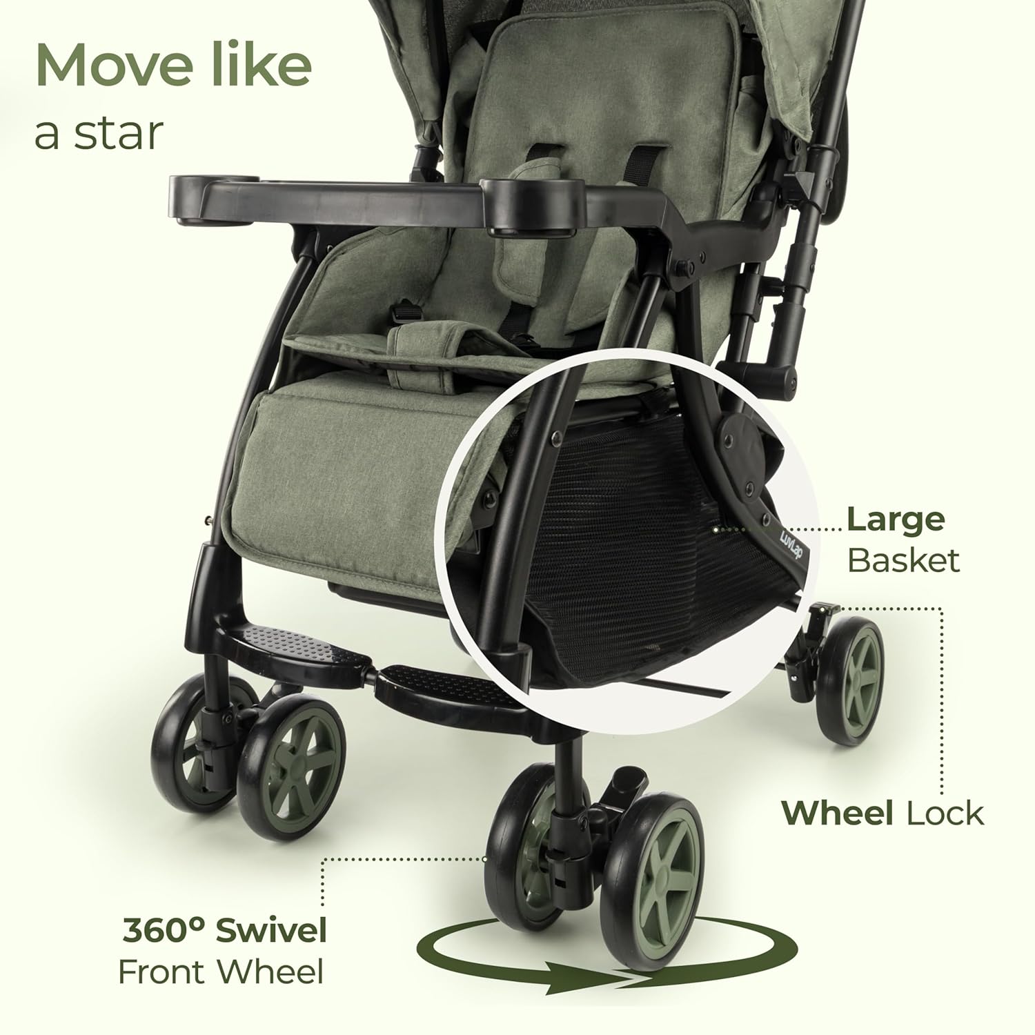 LuvLap Sunshine Plus Baby Stroller in black with a modern gold abstract pattern, shown unfolded with a child tray and canopy, and compactly folded for travel. Lightweight and portable pram for infants and toddlers on usmile.toys. www.usmil.toys
